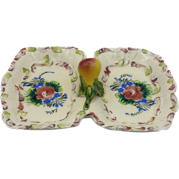 Vtg Italy Serving Divided Dish Tray Nuts Veggie Pear Handle HandPainted Italian - Picture 1 of 6
